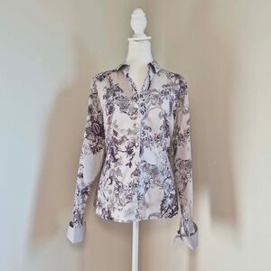 Foxcroft Classy 100% Cotton Gray Purple Floral Collared Button Up Shirt US 16P